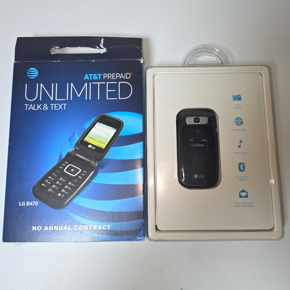 New AT&T LG B470 Prepaid Unlimited Talk and Text Flip Phone Black No Contract